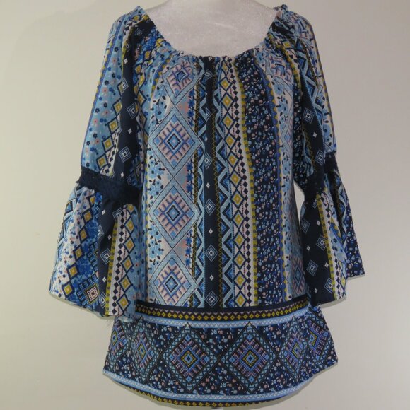 Mileage Blue Multicolor Print 3/4-Sleeve Wide Elastic Neck Blouse Size L (C1185) - Picture 2 of 7